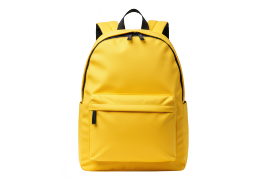 A bright yellow canvas backpack with black accents is shown isolated on a transparent background