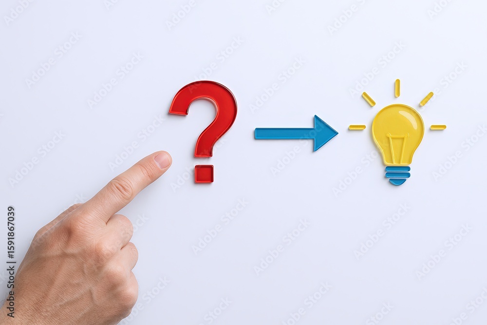 Poster hand pointing to a red question mark followed by an arrow pointing to a bright yellow light bulb sym