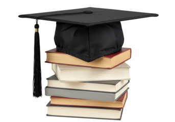 A black graduation cap rests atop a stack of colorful academic books isolated on transparent background