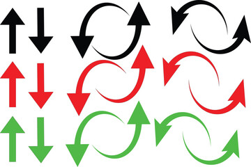 Colorful collection of direction arrows in red, green, and black including straight, curved, and circular styles for navigation, infographic, or user interface design use.