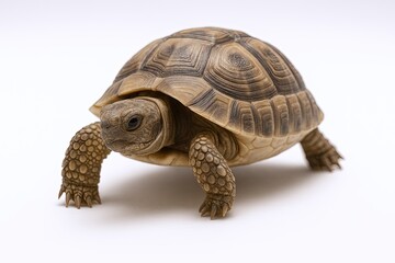 Close-up of a young tortoise with a detailed patterned shell walking on a white background.