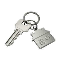 Two distinct shiny silver metal keys, a dark matte split ring, and an intricate house-shaped metallic keychain on a transparent background, crisply illuminated with no shadows, concept of product