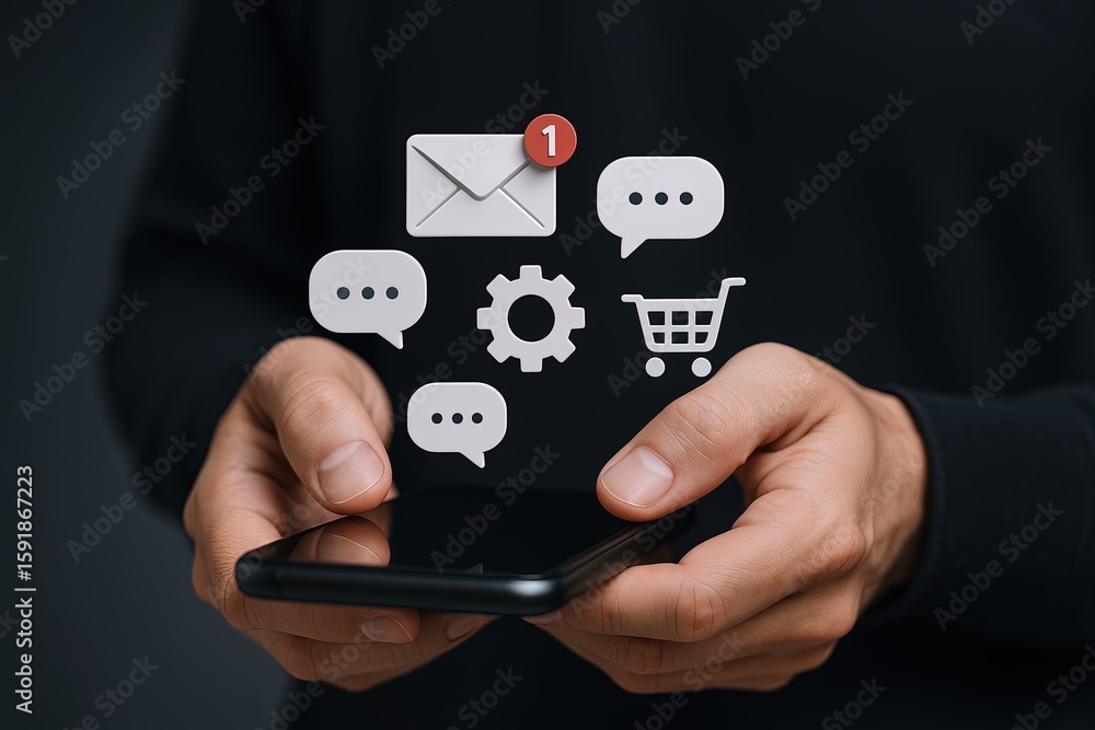 Poster close up of a person holding smartphone with digital icons for email messaging shopping and settings