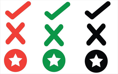 Red, green, and black icon set with check marks, crosses, and stars on a white background for evaluation, feedback, status indicators, or approval interface designs.