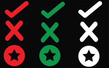 Bold icon set of check marks, crosses, and stars in red, green, and white on a black background for feedback, approval, error, and status indication in infographic design.