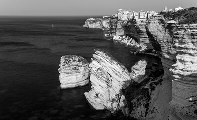 Bonifacio old town above steep cliffs on the shore of Corsica island France is a major tourist...