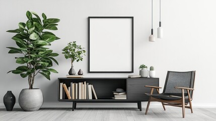 Modern living room interior with plants, a framed artwork, and a mid-century armchair.