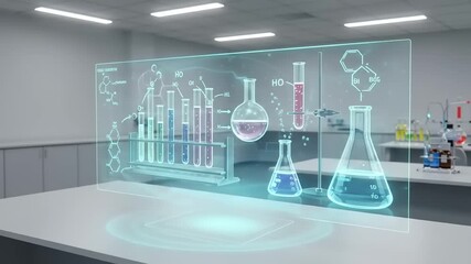 High-tech laboratory with holographic display showcasing chemical experiments and glassware - Powered by Adobe