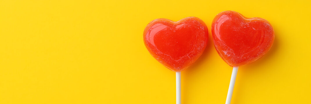 Two heart-shaped lollipops. Red candies represent love on a yellow background. Sweet treats symbolize affection and celebration. Perfect for Valentine's Day. - Powered by Adobe