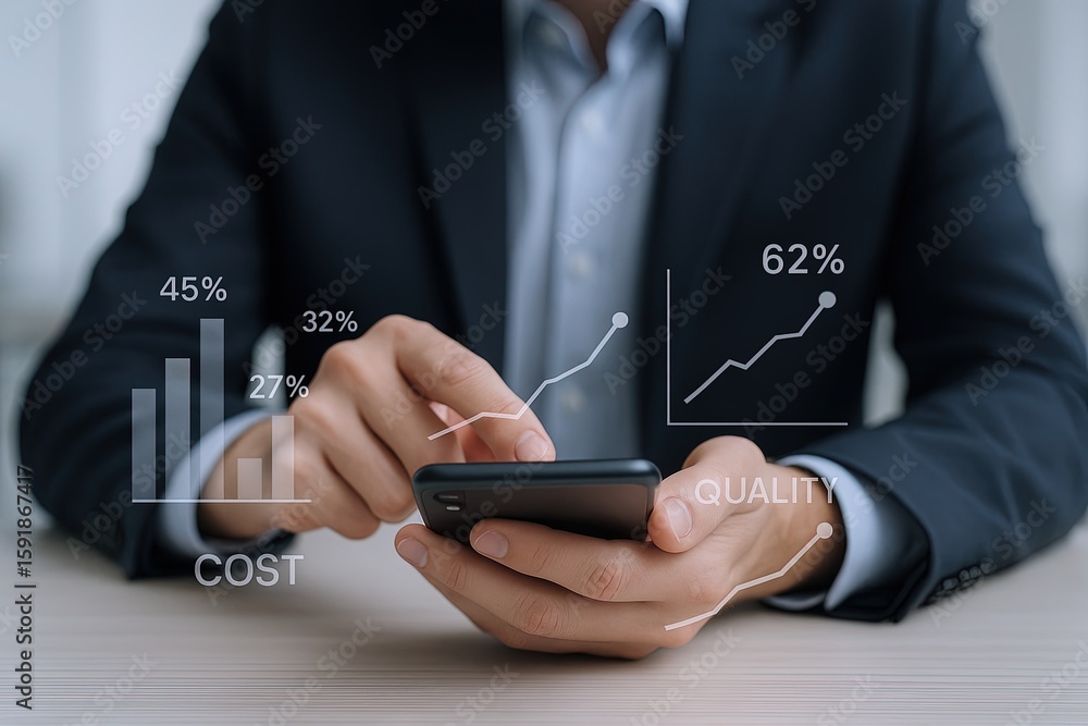 Poster businessman in formal suit using smartphone with graphs and data charts overlay.