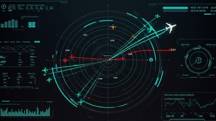 High-tech radar display showing aircraft positions and flight data in a modern air traffic control system - Powered by Adobe