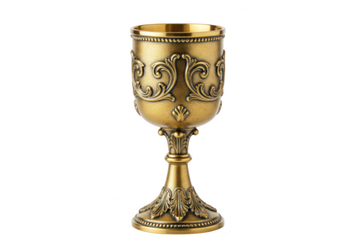 An ornate, vintage gold goblet with intricate patterns stands isolated on a transparent background