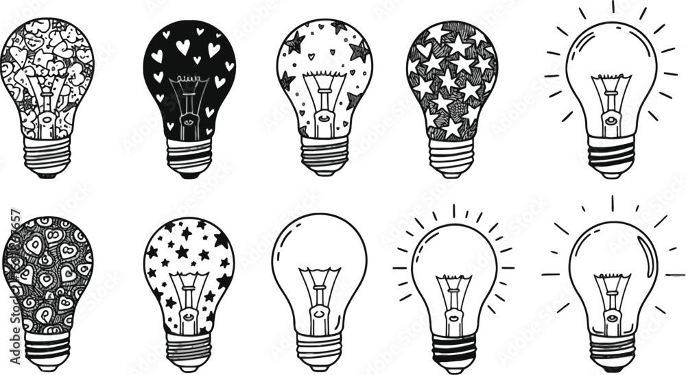 Poster vector art of a set of black and white lightbulbs with various patterns and designs isolated on tran
