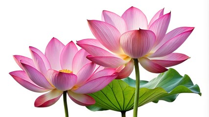 Fototapeta premium Two Beautiful Pink Lotus Flowers in Full Bloom with Green Leaf