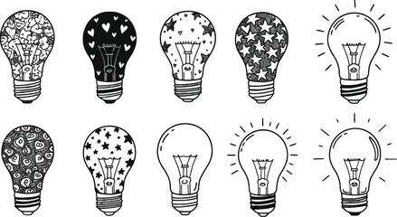 Vector art of a set of black and white lightbulbs with various patterns and designs isolated on transparent background