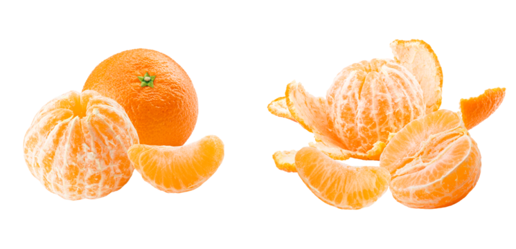 tangerines: whole and peeled on transparent background.