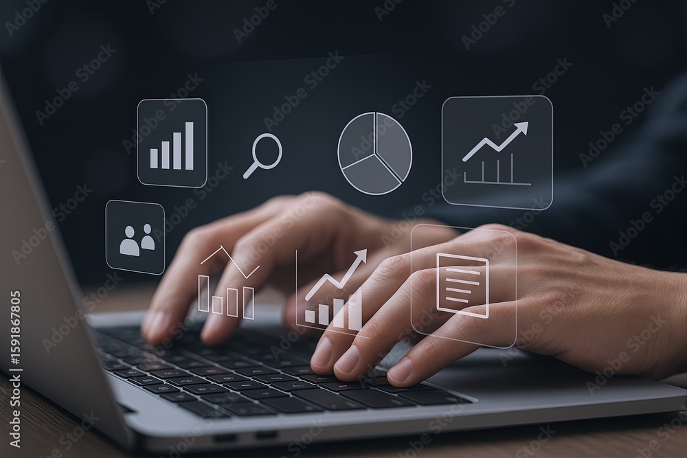 Aufkleber hands typing on laptop keyboard with business charts and graphs overlay.