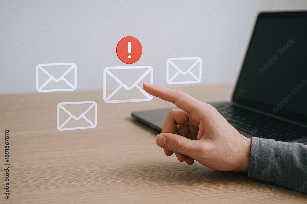 Poster close-up of a person's hand triggering email notification icons on digital screen display.