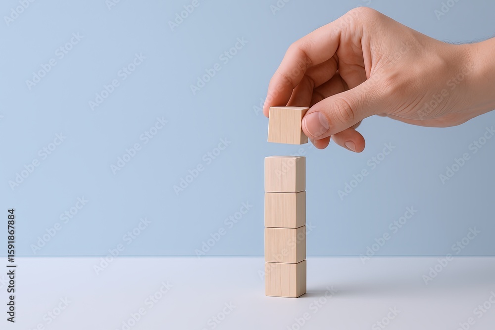 Poster hand stacking wooden blocks creating a balanced tower on a light blue background.