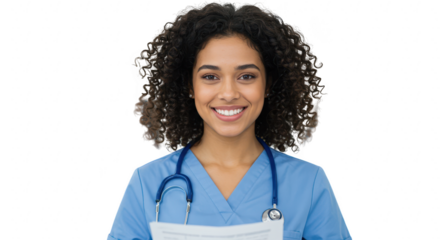 A smiling nurse in blue scrubs holds paperwork, wearing a stethoscope, isolated on a transparent background