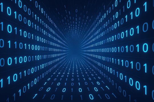 Futuristic digital data stream tunnel with glowing binary code in vibrant blue tones.