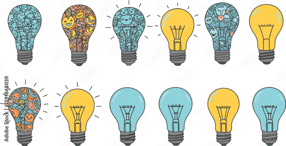 Poster vector art of a collection of lightbulbs filled with various colorful patterns and designs on a tran