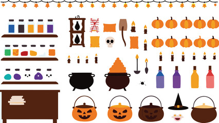 Halloween themed illustration featuring potions, pumpkins, cauldrons, and other spooky decorations