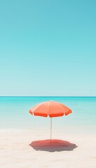Umbrella red with shadow on beach sand, ocean and sky view, summer holiday trip, vertical background