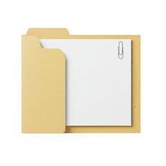 An open light brown manila file folder, revealing a neat stack of crisp blank white papers secured by a polished silver paperclip, all isolated on a transparent background with even lighting.