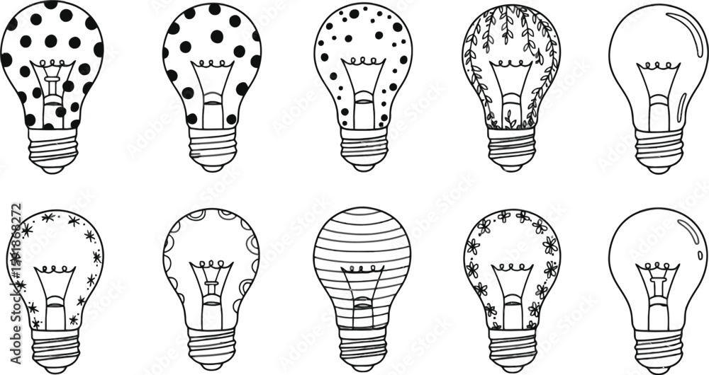 Poster vector art of a collection of ten lightbulbs with various patterns and designs isolated on transpare