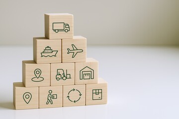 Obraz premium Stacked wooden blocks with transportation icons and location symbols on plain background.