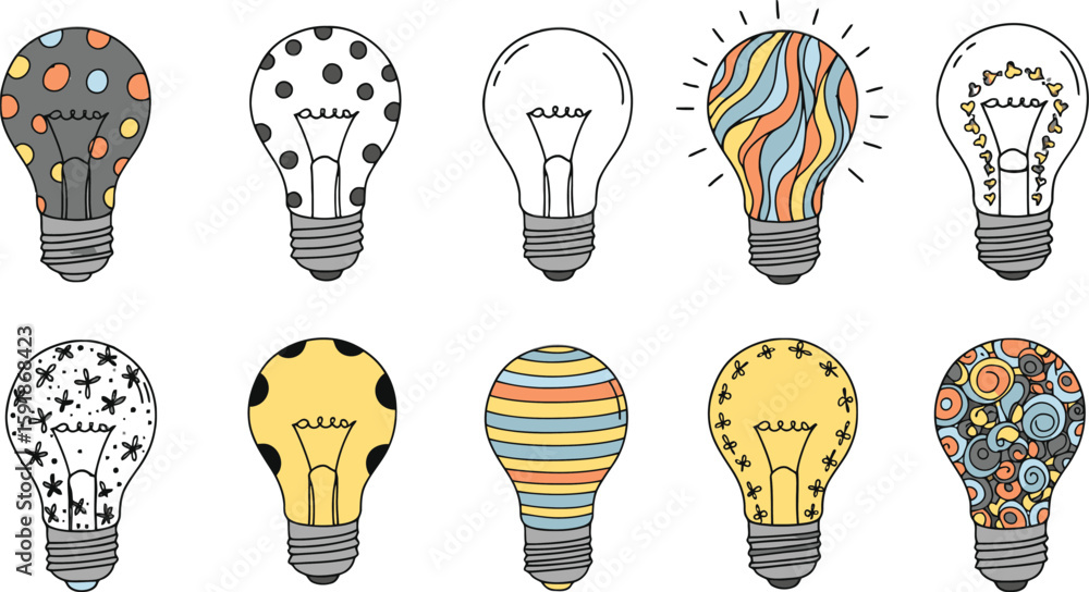 Poster vector art of a set of ten colorful lightbulbs with different patterns and designs isolated on trans