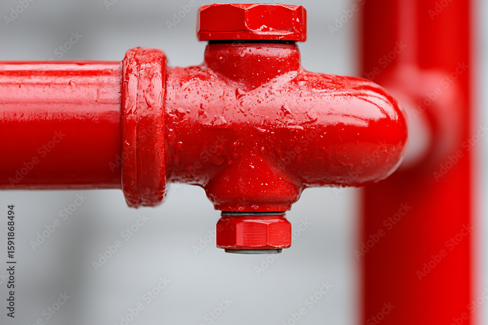 Poster vibrant red pipe connection with glossy paint and hexagonal nuts, illustrating industrial design and