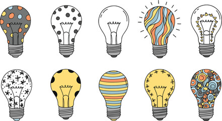 Vector art of a set of ten colorful lightbulbs with different patterns and designs isolated on transparent background