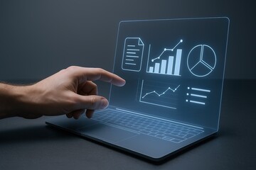 futuristic digital data analysis visualization interface displayed on transparent screen in dark environment.