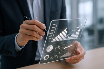 Businessman analyzing futuristic transparent digital data interface with graphs and charts.