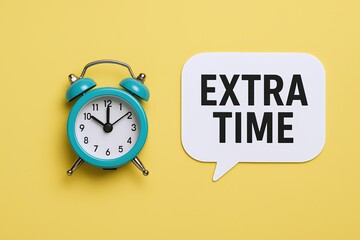 Bright yellow background with blue alarm clock showing late time and speech bubble reading extra time.
