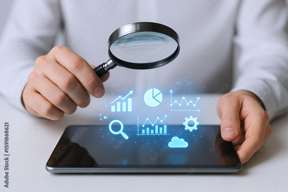 Poster business analyst using magnifying glass and digital data analysis on tablet screen.