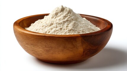 A mound of fine white flour artfully piled high within a polished wooden bowl on a clean white background