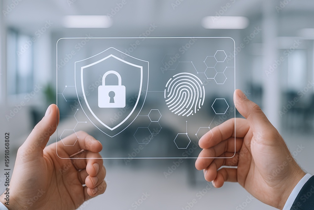 Poster hands holding transparent digital security interface with lock fingerprint and shield.