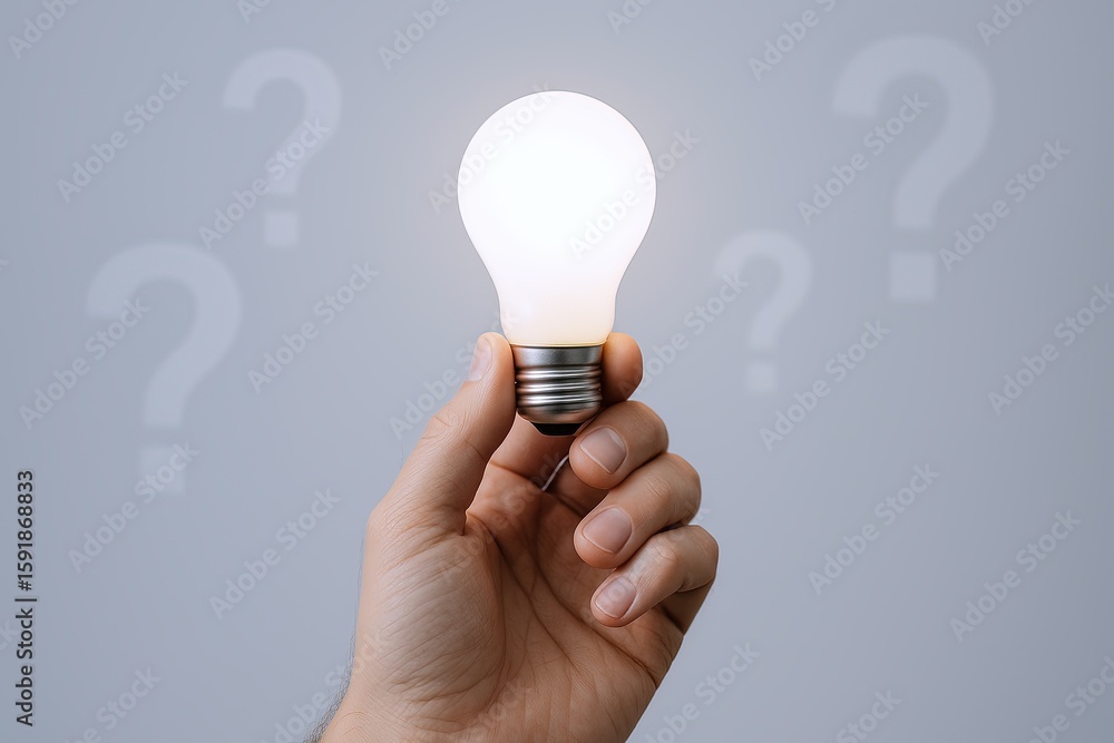 Poster hand holding illuminated light bulb with question marks in background representing idea or innovatio