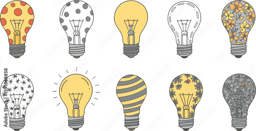 Poster vector art of a collection of ten lightbulbs with colorful patterns and designs isolated on transpar