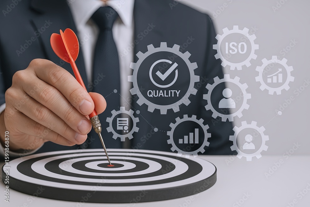 Poster businessman using digital interface with quality assurance icons and target dart.