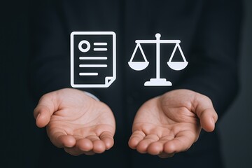 Business lawyer holding legal documents and scales of justice icon illustration.