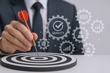 Businessman using digital interface with quality assurance icons and target dart.