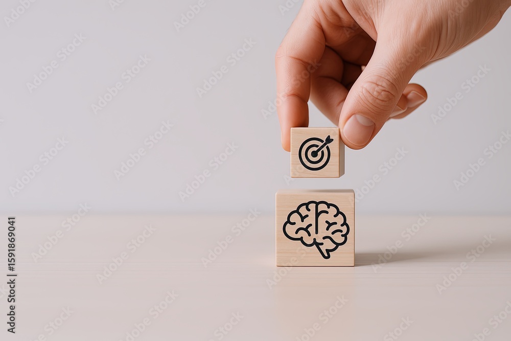 Poster hand stacking wooden blocks with target and brain icons representing focus and intelligence.