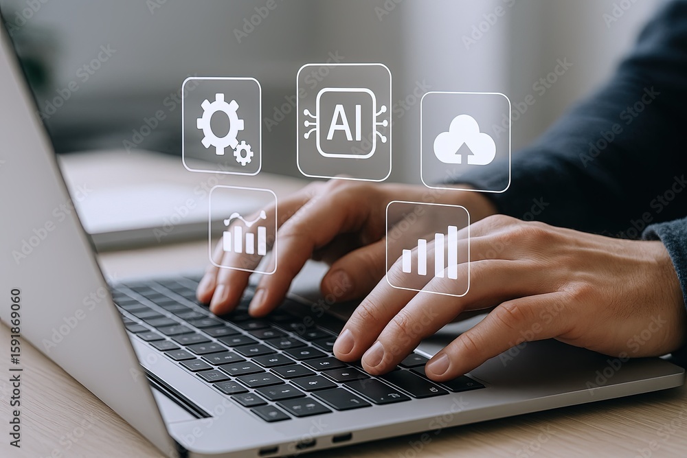 Poster hands typing on laptop with digital ai technology icons and data analysis symbols.