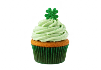 A festive green cupcake topped with swirls of icing and a sparkling shamrock for st patricks day, isolated on white isolated on transparent background