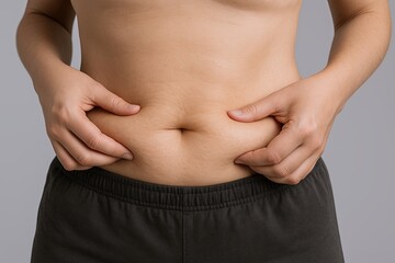 Close-up of a person's abdomen with hands pinching skin and fat on stomach area.