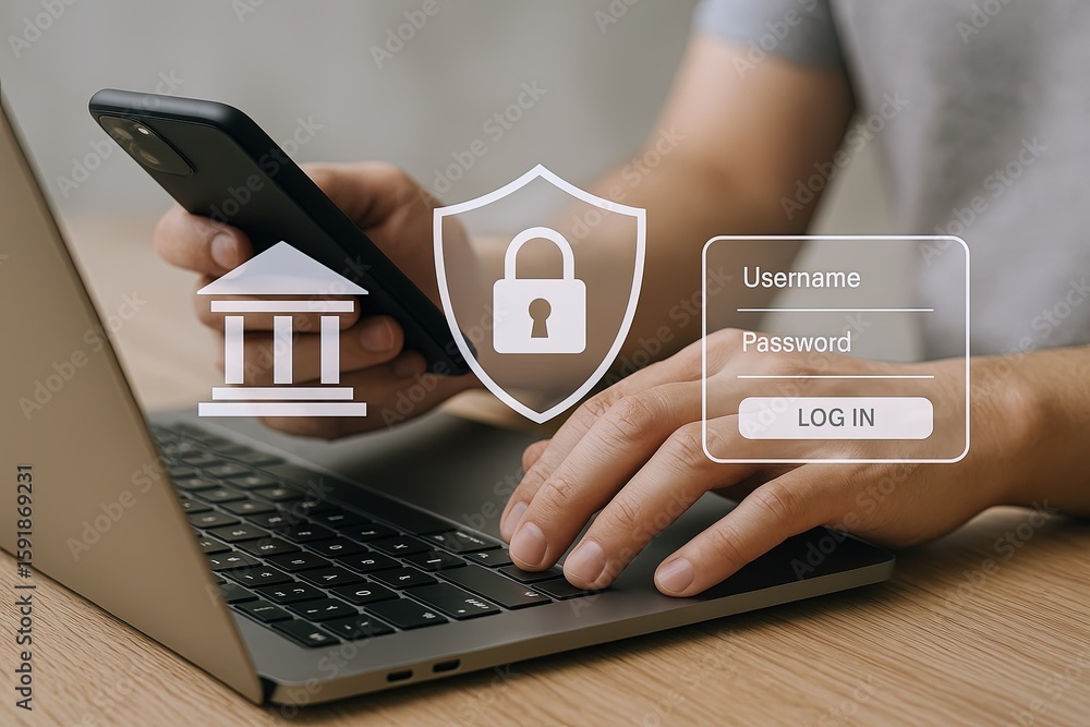 Poster person using smartphone and laptop for secure banking authentication and login.